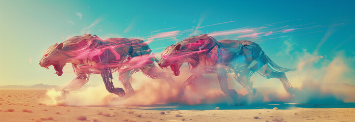 Two cybernetic panthers fighting in a desert. Landscape in the style of futuristic surrealism