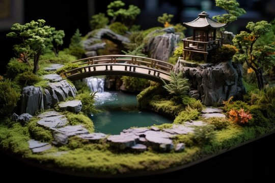 A  Zen garden with a small pond and bridge, AI generated