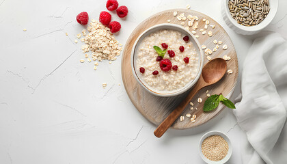 Board with bowl of tasty buckwheat porridge on white table - obrazy, fototapety, plakaty