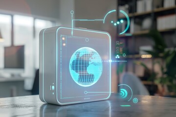 Futuristic innovative home system with advanced satellite and cloud technologies, connected to the Internet via a wireless network, with holographic projection - obrazy, fototapety, plakaty