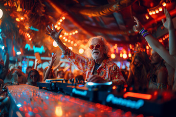 Elderly male DJ in brightly colored trendy clothing and sunglasses raises his hand in the air and...
