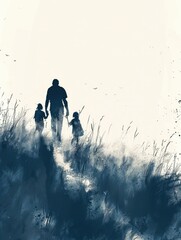 silhouette di un padre e due figli un maschio e una femmina, fondo solido bianco - generative ai - obrazy, fototapety, plakaty