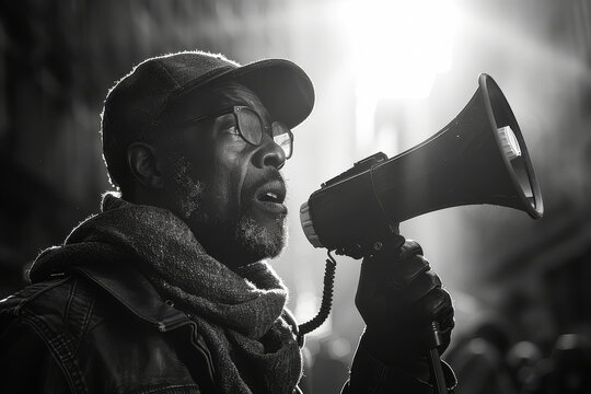 Middle-aged black male stands with megaphone in hand at the forefront of a protest. Black and white style. Demanding justice and equality during a strike