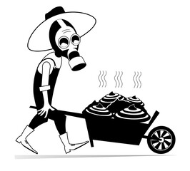 Farmer or gardener rolls a cart full of dung. 
Cartoon farmer or gardener in the gas mask rolling a cart full of organic fertilizers. Agriculture, farming, manure. Black and white illustration

