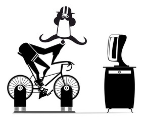 Cyclist trains at home on the exercise bike. 
Cyclist young man rides on exercise bicycle in front of TV or computer. Black and white illustration
