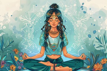 Obraz na płótnie Canvas Find balance and harmony in your throat chakra as you practice mindful breathing in a seated meditation posture. cartoon illustration