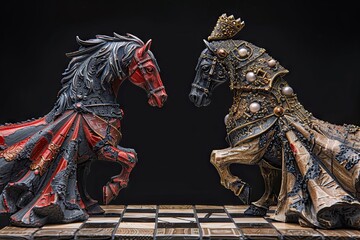 Two knights locked in a battle, showcasing the elegance and strategic maneuvers of this unique chess piece. Chess game concept. - obrazy, fototapety, plakaty