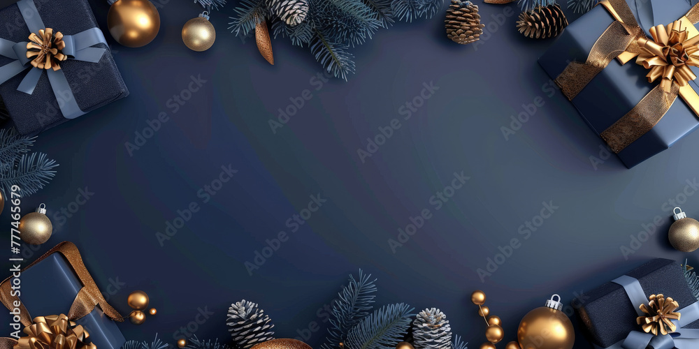 Wall mural a purple christmas background with small golden stars and gift boxes decorations, xmas banner design