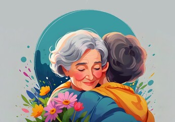 old mother with gray hair hugs her adult daughter. cartoon illustration with two hugging women on floral background