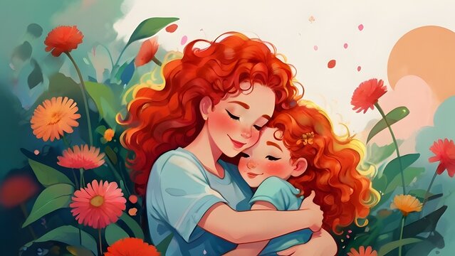 mother hugging her daughter. Happy Mother's Day - cute watercolor postcard with woman with red hair and girl on floral background. Motherhood, care, love, flowers art