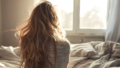 Morning Struggle, Woman's Sleepless Night Depicted in Messy-Haired Figure by Window-Lit Bed