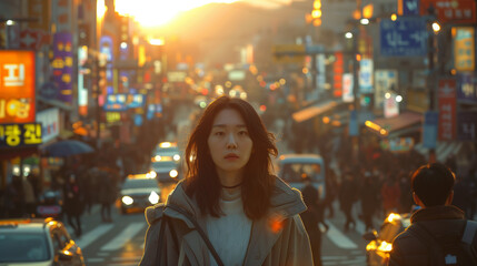 Obraz premium Amidst the hustle and bustle of a vibrant city street, an adult Korean woman walks amidst the urban commotion.