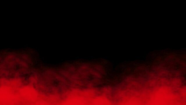 Realistic red smoke or fog overlay in slow motion on dark background. Smoke, a cloud of mist vapour in slowly moving on black background. Floating red fog, ice smoke cloud