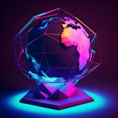 Low Poly Futuristic Neon World: A 3D Rendering of a Glowing Digital Globe - obrazy, fototapety, plakaty