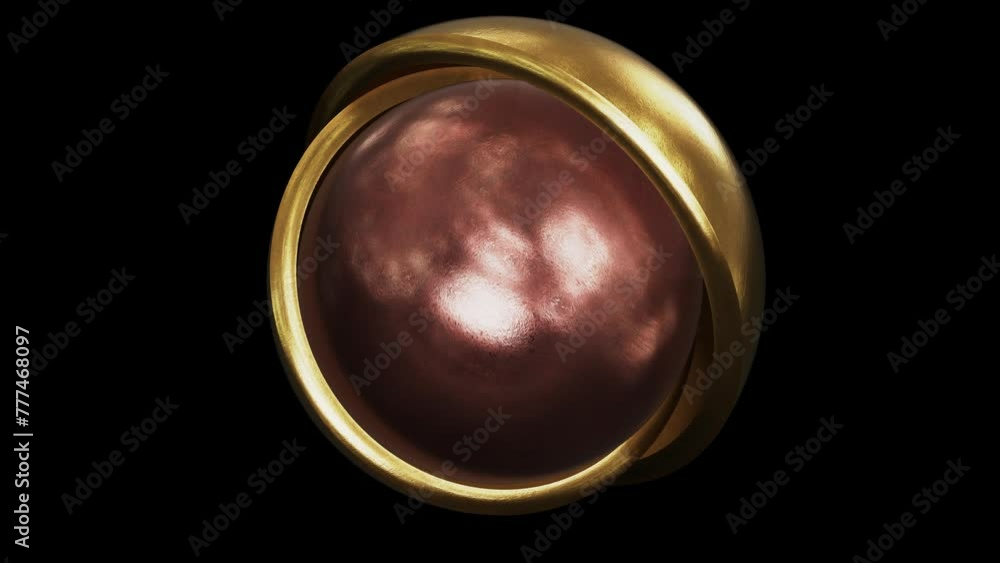 Poster realistic looping 3d animation of the spinning textured copper sphere inside of two brass hemisphere