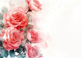 watercolor pink roses in top corner, rest of image blank white background