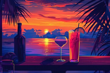 Beach bar paradise, tropical drinks, serene sunset, colorful 2D illustration. - obrazy, fototapety, plakaty