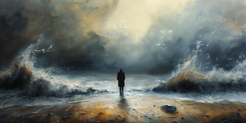 Digital illustration of alone man stands on beach with a tumultuous sea, surrounded by the dramatic interplay of light and shadow in a stormy. - obrazy, fototapety, plakaty