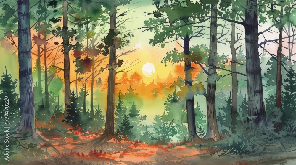 Wall mural a forest scene at sunset, painted in watercolor. the setting sun casts a warm glow over the trees, w