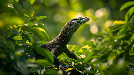 Obraz premium A monitor lizard gracefully navigating through lush foliage, its powerful tail leaving a trail, with soft sunlight filtering through the leaves
