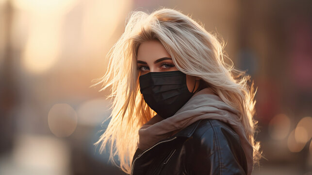Young blonde woman in protective medical mask walks down to the street uses smartphone texts scrolls surfs the internet search news, covid19 coronavirus virus protection pandemic city. Photo close up