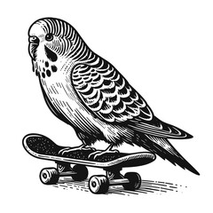 budgerigar parrot on a skateboard funny illustration - obrazy, fototapety, plakaty