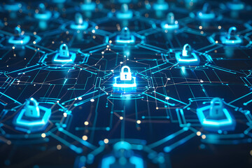 Interconnected cybersecurity layers fortifying technology networks against cyber threats - obrazy, fototapety, plakaty
