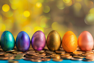 Multi-colored eggs are arranged in a row on top of a pile of gold coins, shows the diversification of investment concept, asset allocation and portfolio management