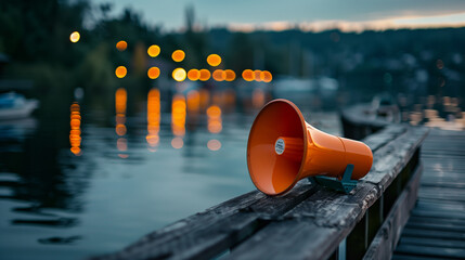 On a peaceful lakeside, an orange megaphone rests on a weathered dock, the bokeh lights of distant boats dancing on the water's surface