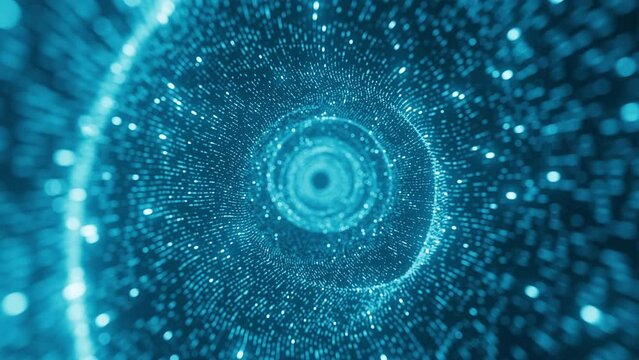 Seamless reversible loop with tunnel of blinking dots flying through space. Perfect loopable hi tech abstract light blue background for logo or text. AI,big data transfer. Artificial intelligence