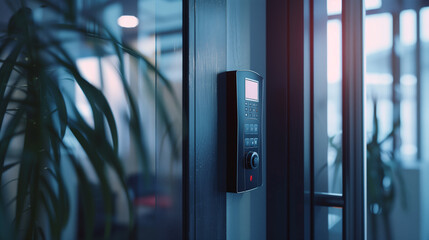 A closeup of a fingerprint scan access control system machine on a wall near the entrance door of an office emphasizes security and technology - obrazy, fototapety, plakaty