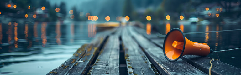 On a peaceful lakeside, an orange megaphone rests on a weathered dock, the bokeh lights of distant boats dancing on the water's surface - obrazy, fototapety, plakaty