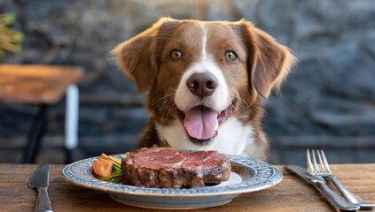 Cooked steak placed on a plate in front of a cute dog - obrazy, fototapety, plakaty