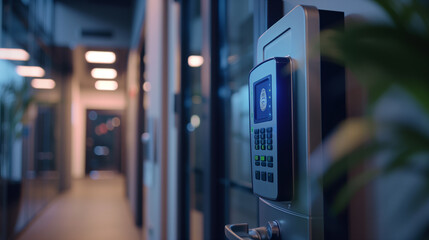 A closeup of a fingerprint scan access control system machine on a wall near the entrance door of an office emphasizes security and technology