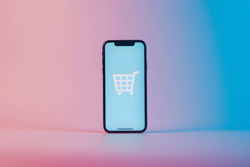 Shopping in online and sell product in online concept, smartphone screen cart icon on gradient background