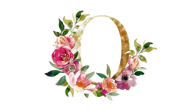 The digit 0 is painted in watercolor surrounded by flowers. «Zero» is depicted in the style of handwritten capital letters, suitable for illustrations and greeting cards.