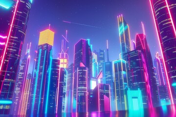 Pop-up lively neon lights within a bustling city. Where futuristic skyscrapers mix with retro neon signs.