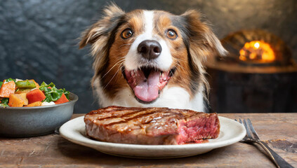 Cooked steak placed on a plate in front of a cute dog - obrazy, fototapety, plakaty