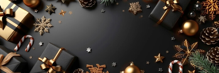 A black christmas background with small golden stars and gift boxes decorations, Xmas banner design, Happy New Year, party invitation card template, winter holiday ,copy space