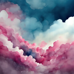 Pink colored clouds in watercolor.harmonious background