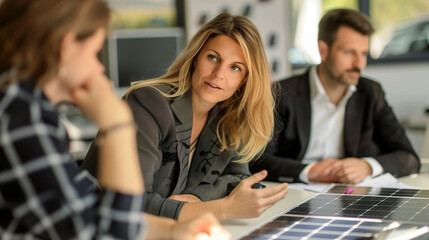 Focused professionals discuss over a solar panel model