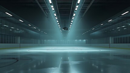 a virtual artwork featuring an empty ice hockey arena with mesmerizing spotlight reflections...
