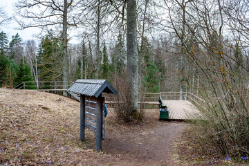 View of the information stand and observation deck in early spring.. Vilce Nature Park. Latvia.
