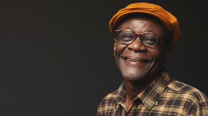 Joyful senior man with glasses and a cap smiles warmly - obrazy, fototapety, plakaty