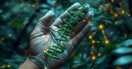 The person is holding a terrestrial plant in their hand, possibly a small decorative Christmas tree. The plant has electric blue needles and is reminiscent of a conifer tree commonly found in forests - obrazy, fototapety, plakaty