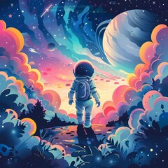 Create Children's illustration of a space-themed landscape using vector art with realistic lighting and wide-angle lens effects, enhanced by generative AI.