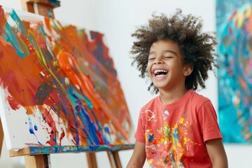 Cheerful child with curly hair laughing in front of a colorful painting on a canvas
