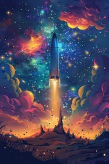 Gardinen Create Children's illustration of a space-themed landscape using vector art with realistic lighting and wide-angle lens effects, enhanced by generative AI. © tonstock