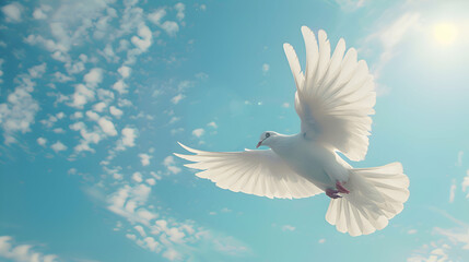 A pristine white dove mid-flight, wings outstretched, framed against a backdrop of a clear blue sky with wispy clouds - Powered by Adobe