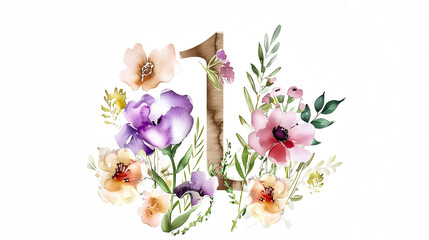 The digit 1 is painted in watercolor surrounded by flowers. «One» is depicted in the style of handwritten capital letters, suitable for illustrations and greeting cards.